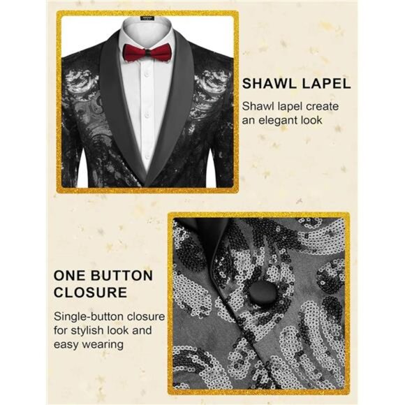 Men's Shiny Sequins Blazer Floral Suit Jacket Stylish Tuxedo for Party, Wedding - Picture 4 of 6